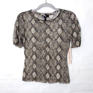 Aqua Top XS Brown Mesh Sheer Sneak Print Ruched Short Slve Stretchy Mob Wife